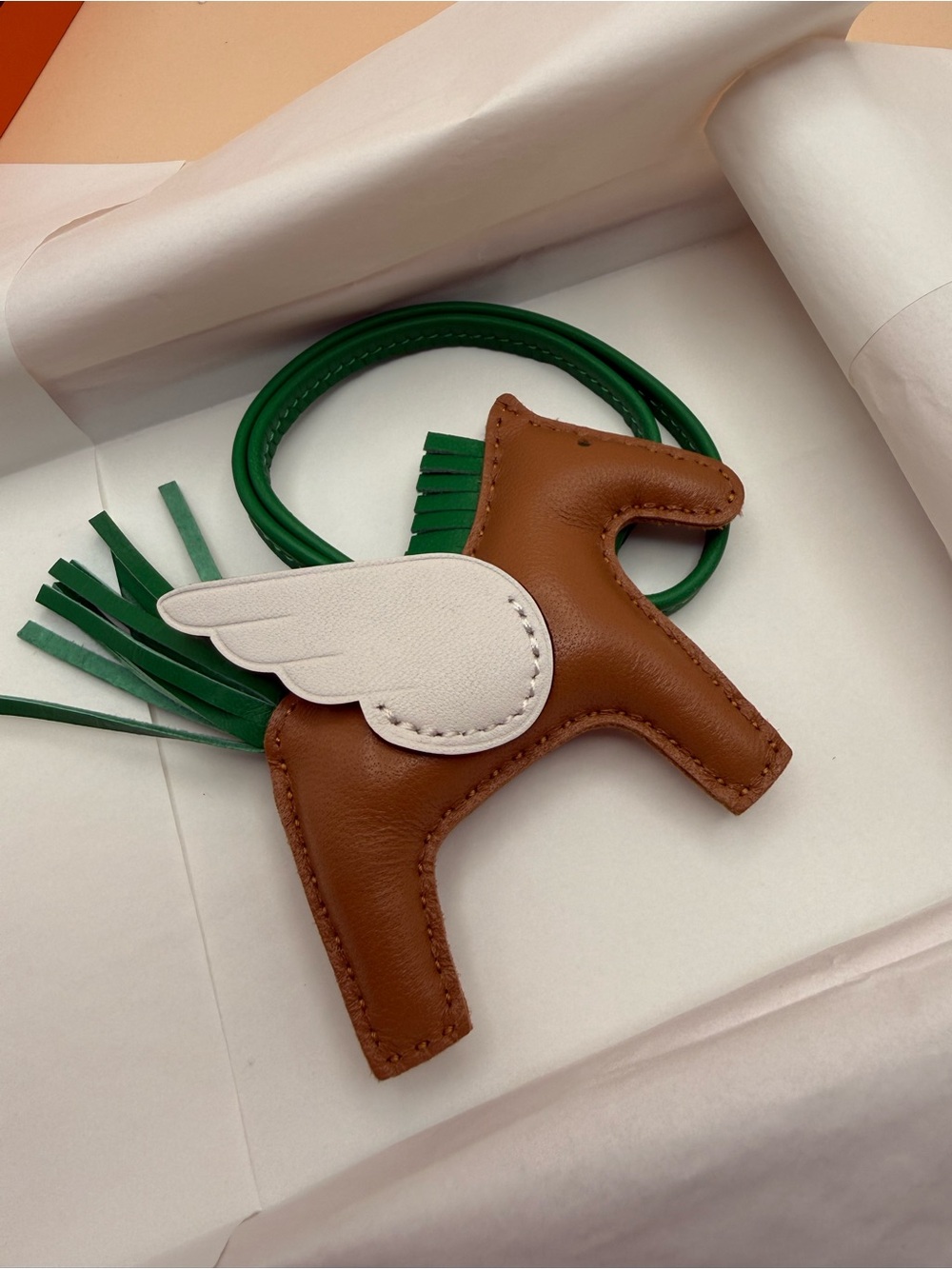 Hermes White winged Brown Leather Horse Bag Charm with Green Tassel Accent